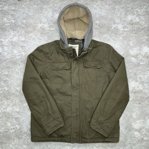 American Eagle Sherpa Lined Canvas Jacket Olive Green Plaid Hood L - Picture 1 of 13